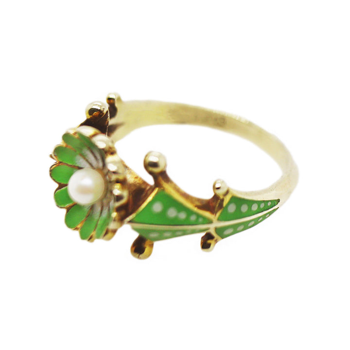 9CT Yellow Gold Vintage Seed Pearl & Enamel Ring