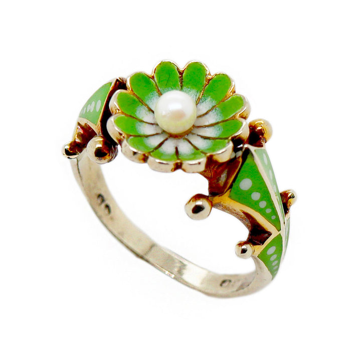 9CT Yellow Gold Vintage Seed Pearl & Enamel Ring
