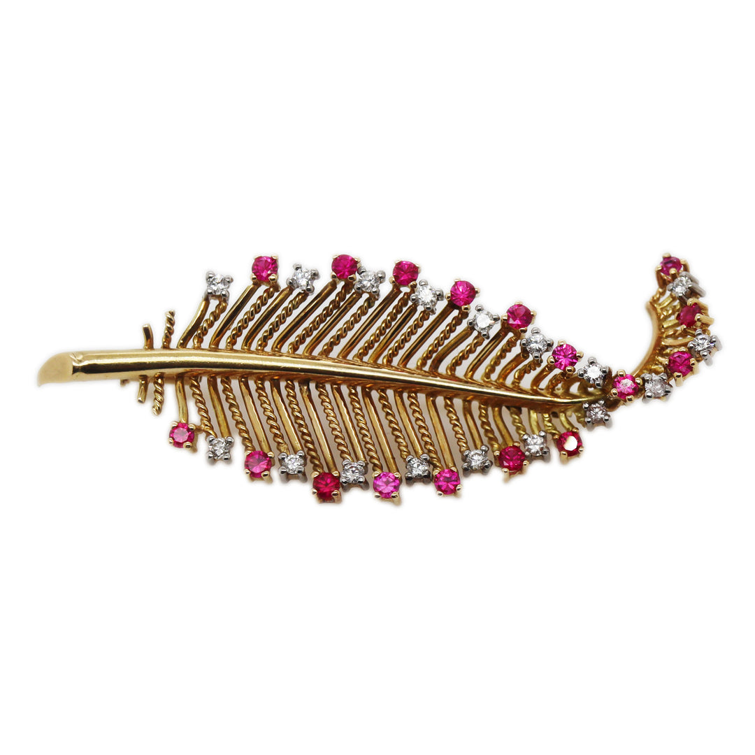14CT Ruby And Diamond Foliate Brooch