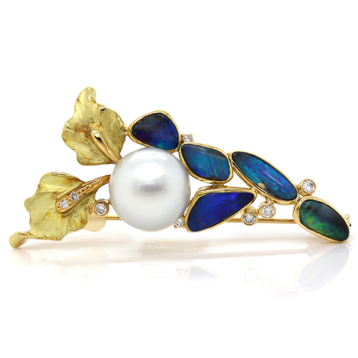 18ct Yellow Gold Australian Opal, Pearl & Diamond Brooch