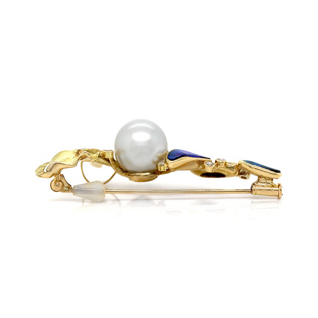 18ct Yellow Gold Australian Opal, Pearl & Diamond Brooch