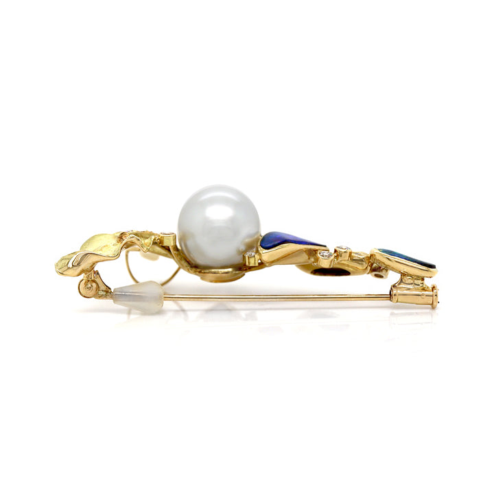 18ct Yellow Gold Australian Opal, Pearl & Diamond Brooch