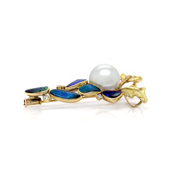 18ct Yellow Gold Australian Opal, Pearl & Diamond Brooch