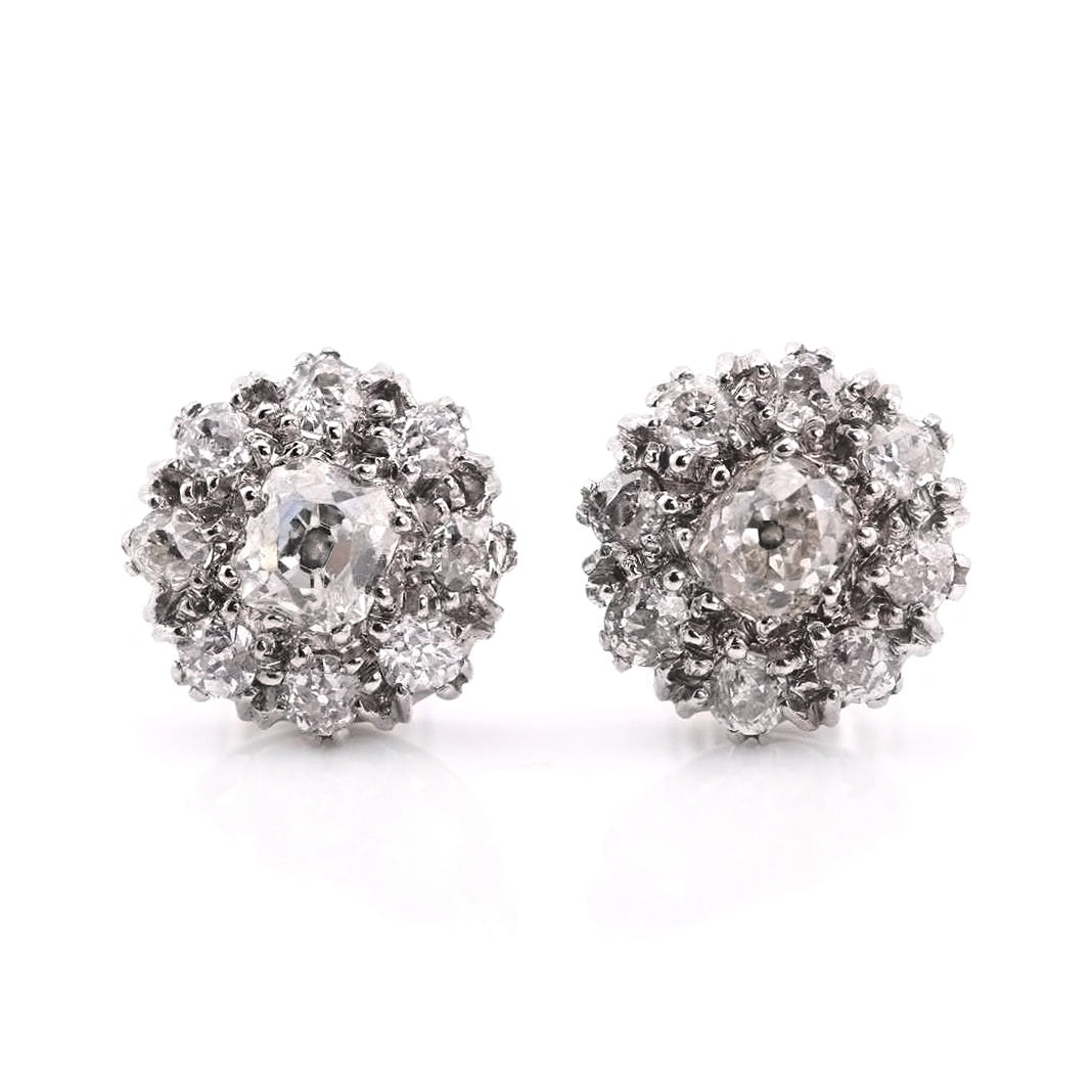 Platinum Antique Diamond Old Cut Diamond Cluster Earrings
