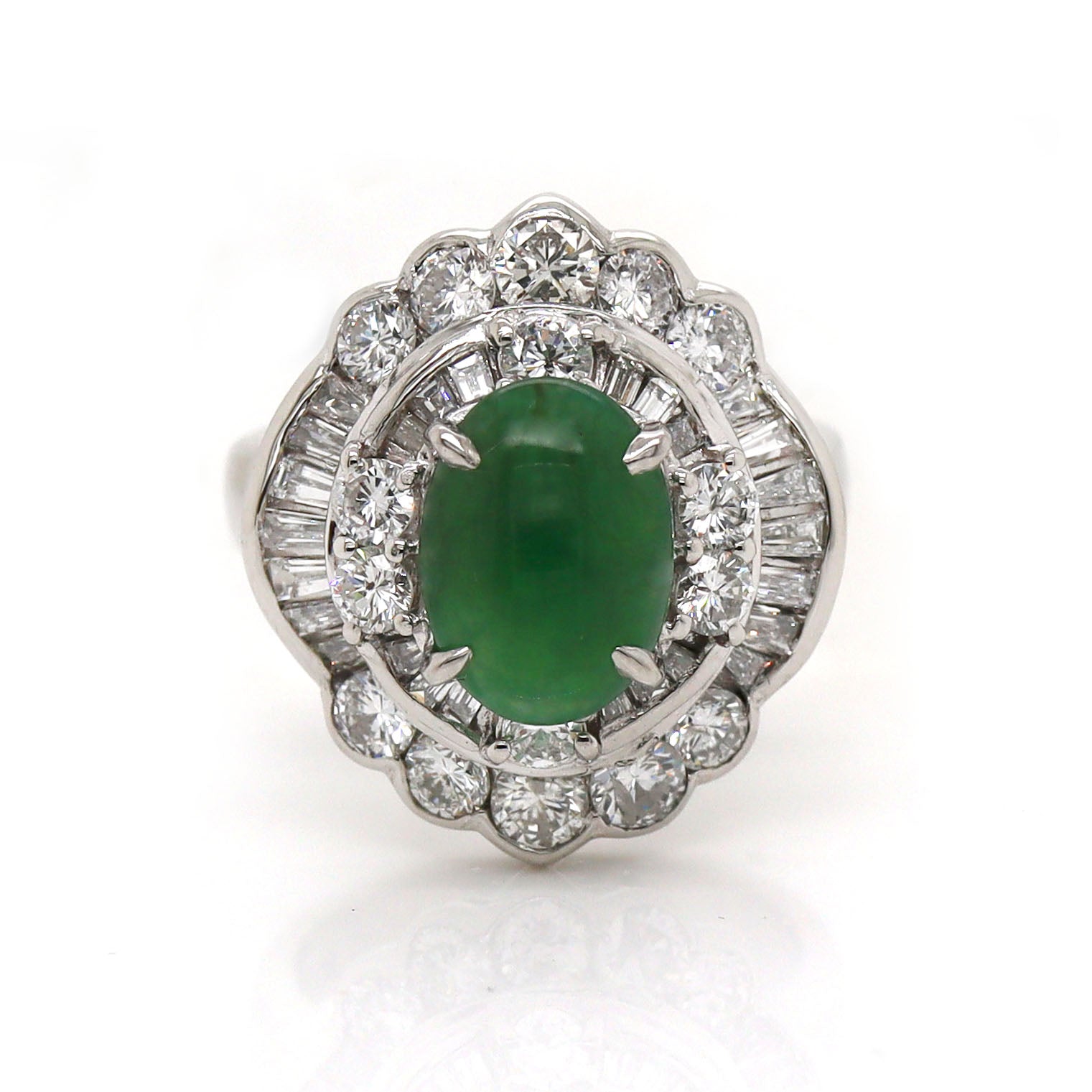 Bague En Platine 900 (Pt900) Avec Jade Et Diamants - Taille 50 - Vintage - Argenté