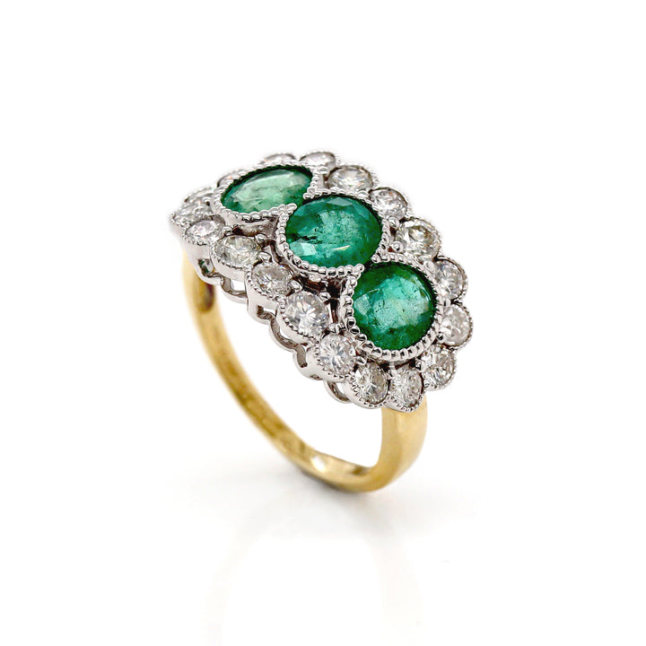 14CT Yellow And White Gold Emerald With Diamond Trilogy Dress Ring