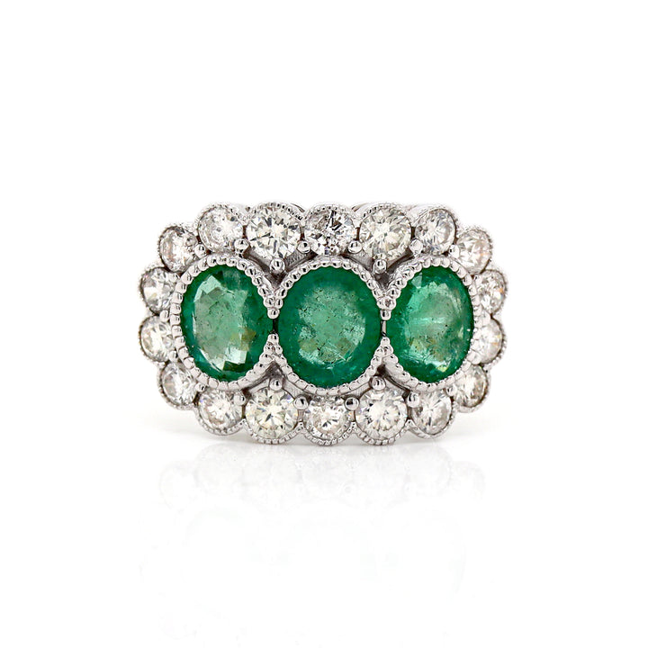 14CT Yellow And White Gold Emerald With Diamond Trilogy Dress Ring