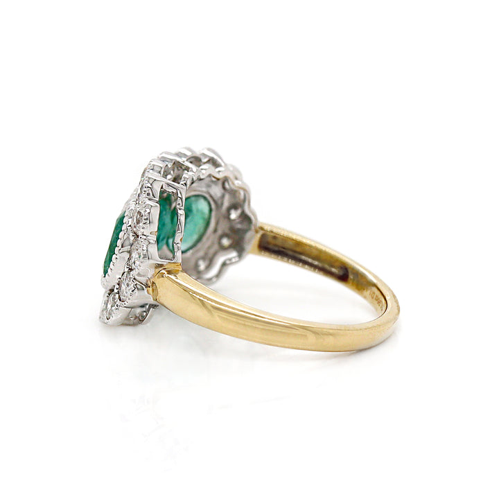 14CT Yellow And White Gold Emerald With Diamond Trilogy Dress Ring