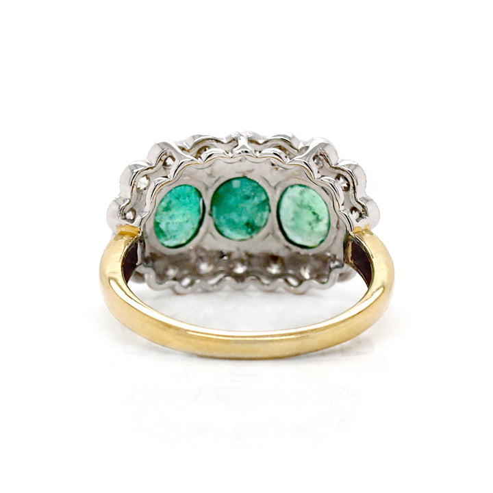 14CT Yellow And White Gold Emerald With Diamond Trilogy Dress Ring