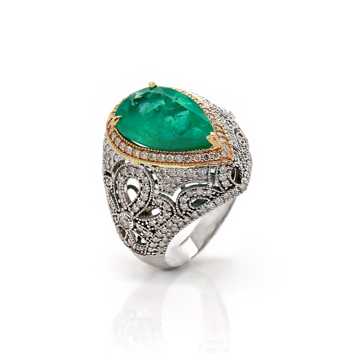 14CT White Gold Colombian Emerald And Diamond Cocktail Ring