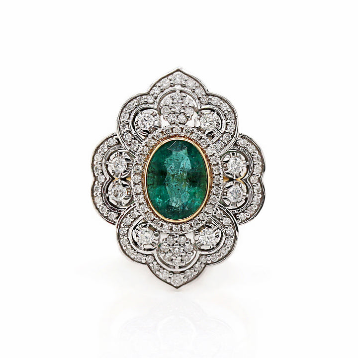 14CT Yellow And White Gold Emerald And Diamond Antique Inspired Cocktail Ring