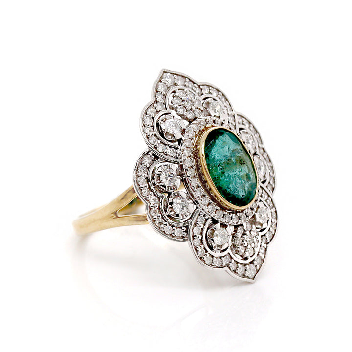 14CT Yellow And White Gold Emerald And Diamond Antique Inspired Cocktail Ring