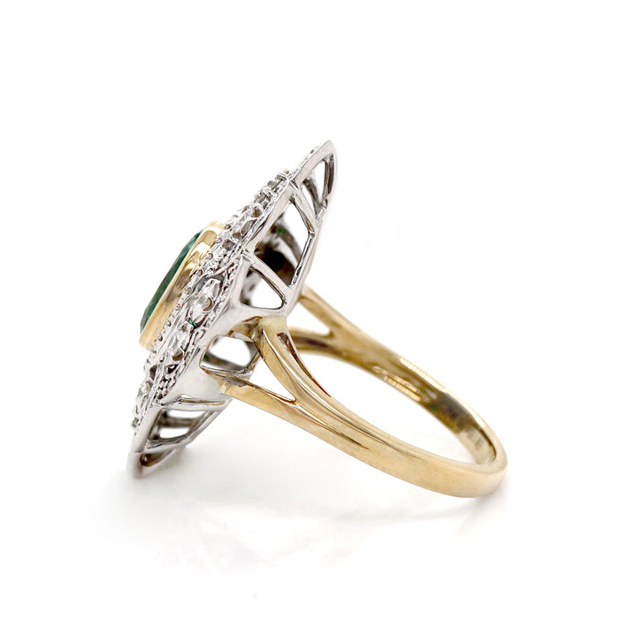 14CT Yellow And White Gold Emerald And Diamond Antique Inspired Cocktail Ring