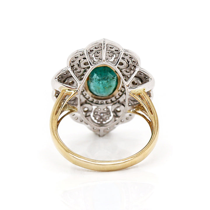 14CT Yellow And White Gold Emerald And Diamond Antique Inspired Cocktail Ring