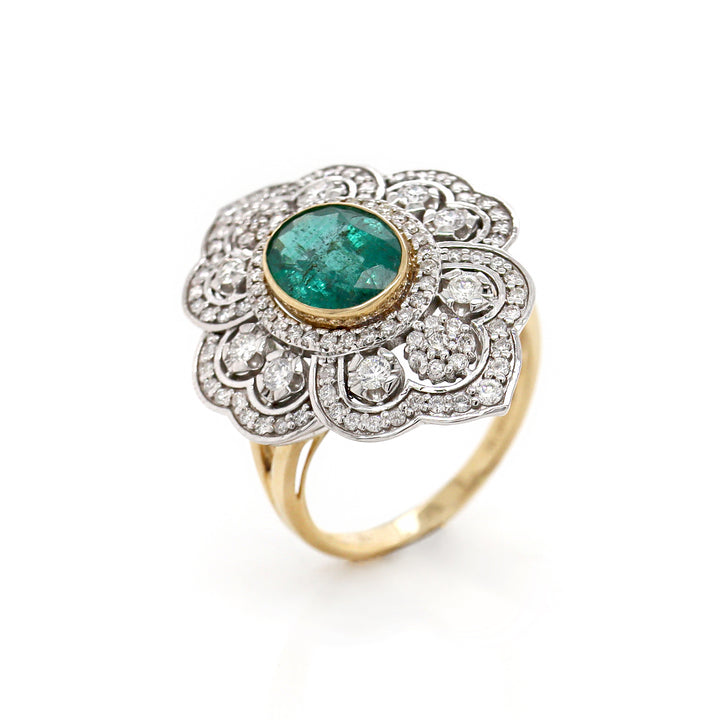 14CT Yellow And White Gold Emerald And Diamond Antique Inspired Cocktail Ring