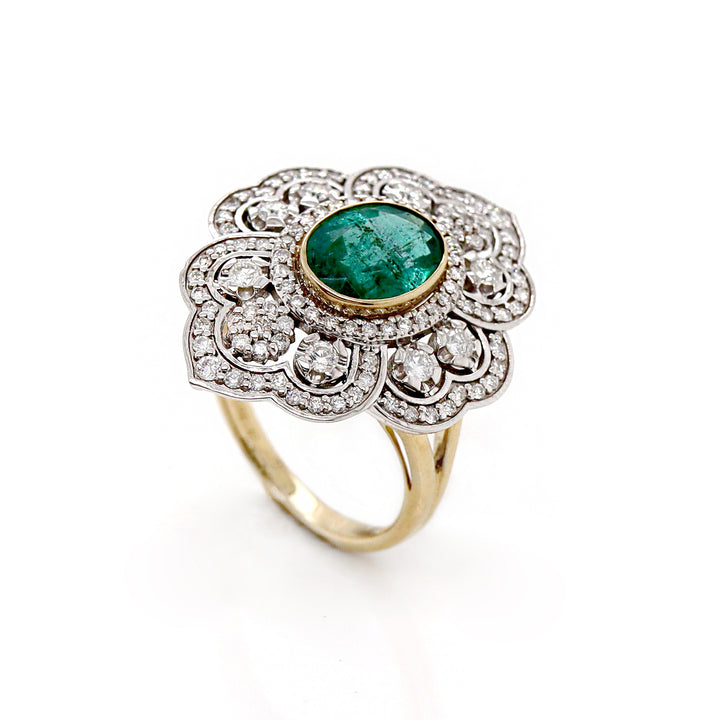 14CT Yellow And White Gold Emerald And Diamond Antique Inspired Cocktail Ring