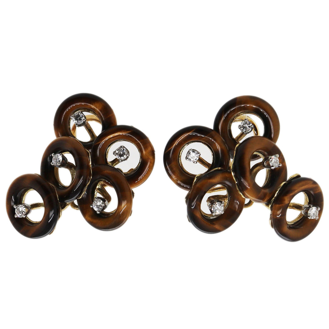 14CT Yellow Gold Tigers Eye AndDiamond Retro Earrings