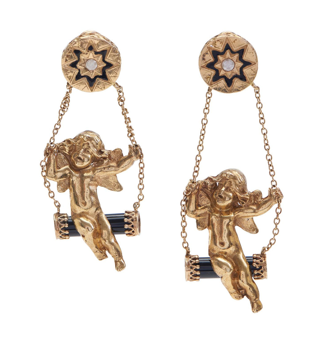 14CT Yellow Gold Vintage Swinging Cherubs With Diamonds And Black Onyx