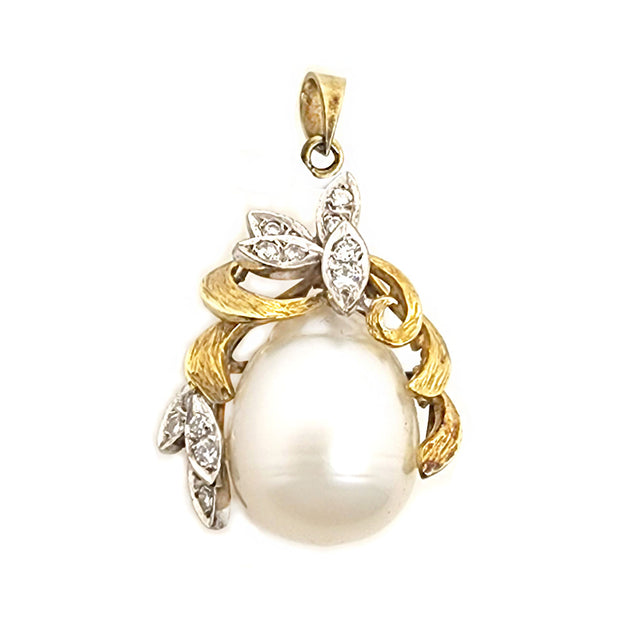 14CT Gold Two tone Vintage Pearl & Diamond Drop Pendant