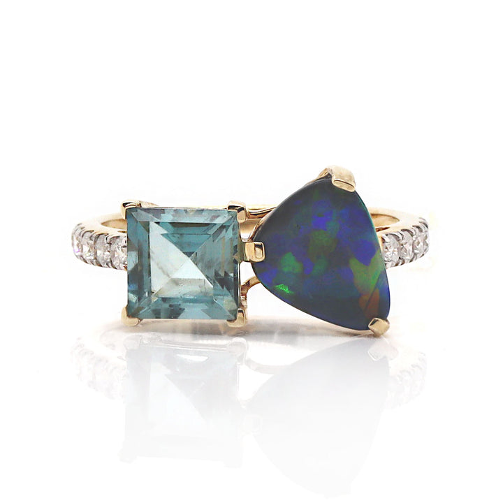 14CT Yellow Gold Aquamarine, Australian Opal And Diamond Dress Ring