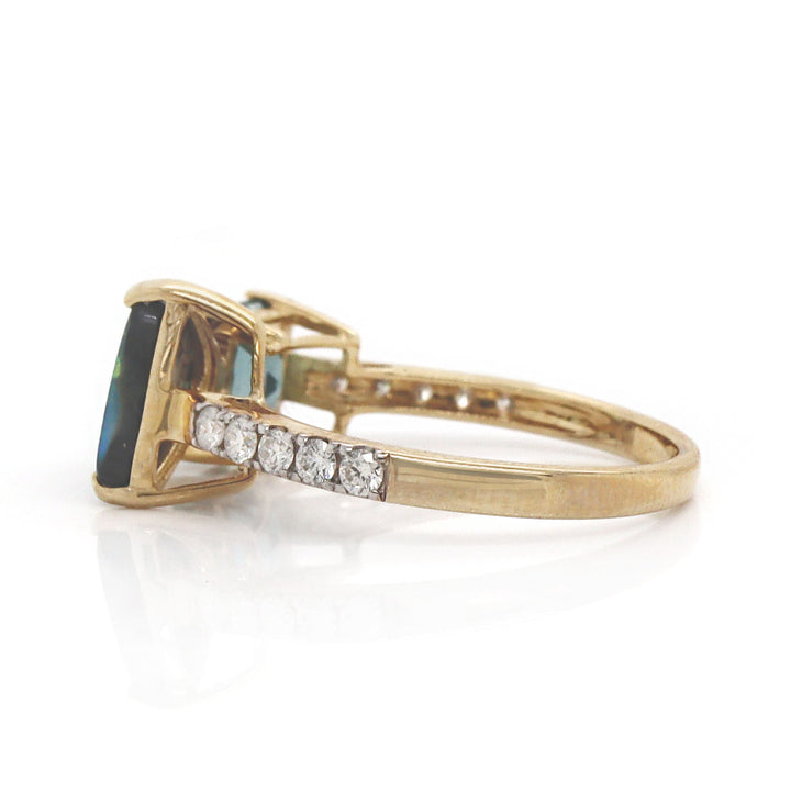 14CT Yellow Gold Aquamarine, Australian Opal And Diamond Dress Ring