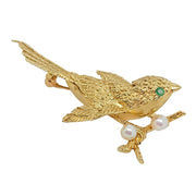 14CT Yellow Gold Emerald & Pearl Bird Brooch By David Trabich