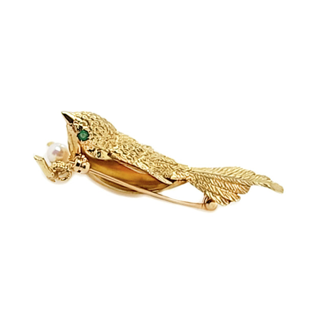 14CT Yellow Gold Emerald & Pearl Bird Brooch By David Trabich