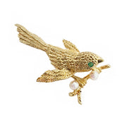 14CT Yellow Gold Emerald & Pearl Bird Brooch By David Trabich