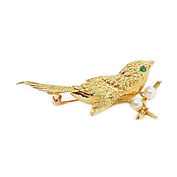 14CT Yellow Gold Emerald & Pearl Bird Brooch By David Trabich