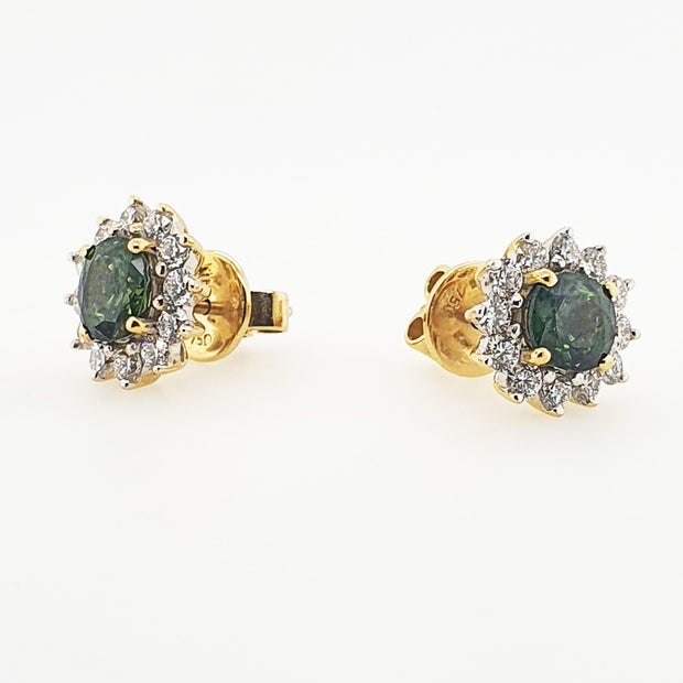 18CT Yellow White Gold Green Sapphire & Diamond Earrings