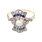 14CT Yellow Gold and Platinum Art Deco Sapphire Pearl Diamond Ring