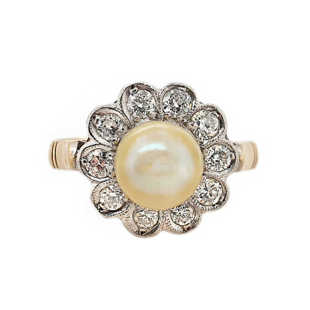 18CT Yellow/White Gold Vintage Pearl & Diamond Daisy Ring