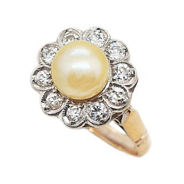 18CT Yellow/White Gold Vintage Pearl & Diamond Daisy Ring