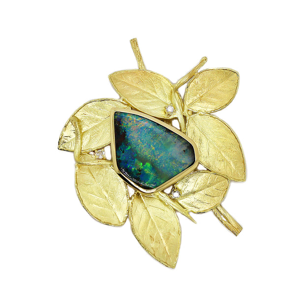 18CT Yellow Gold Australian Opal & Diamond Leaf Brooch