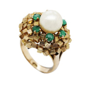 14CT Yellow Gold Emerald & Pearl Cube Cluster Cocktail Ring