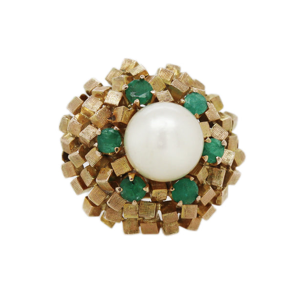 14CT Yellow Gold Emerald & Pearl Cube Cluster Cocktail Ring