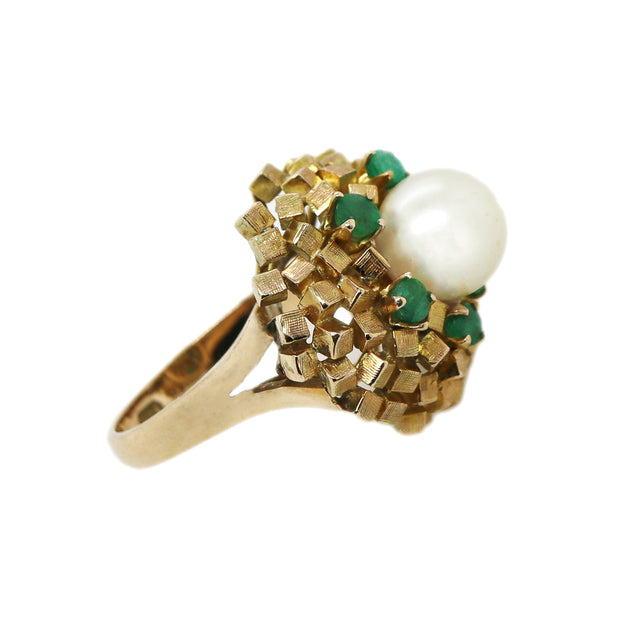 14CT Yellow Gold Emerald & Pearl Cube Cluster Cocktail Ring