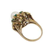 14CT Yellow Gold Emerald & Pearl Cube Cluster Cocktail Ring