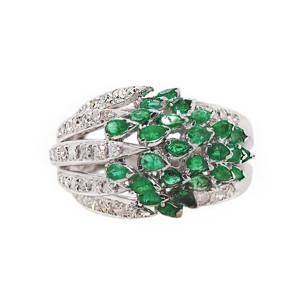 14CT White Gold Art Deco Emerald & Diamond Cocktail Ring