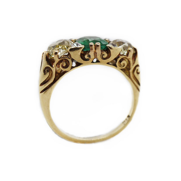 18CT Yellow Gold Antique Emerald & Old European Cut Diamond Ring