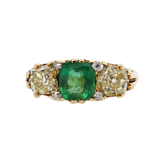 18CT Yellow Gold Antique Emerald & Old European Cut Diamond Ring