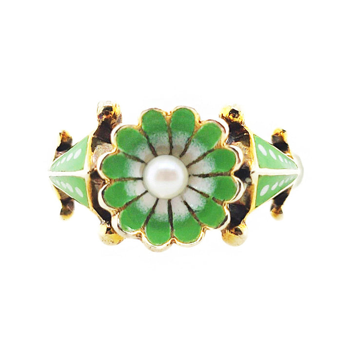 9CT Yellow Gold Vintage Seed Pearl & Enamel Ring