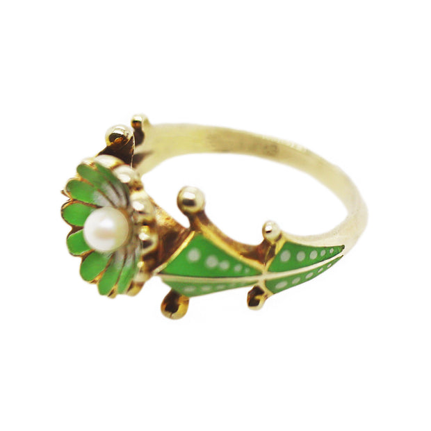 10CT Yellow Gold Vintage Seed Pearl & Enamel Ring