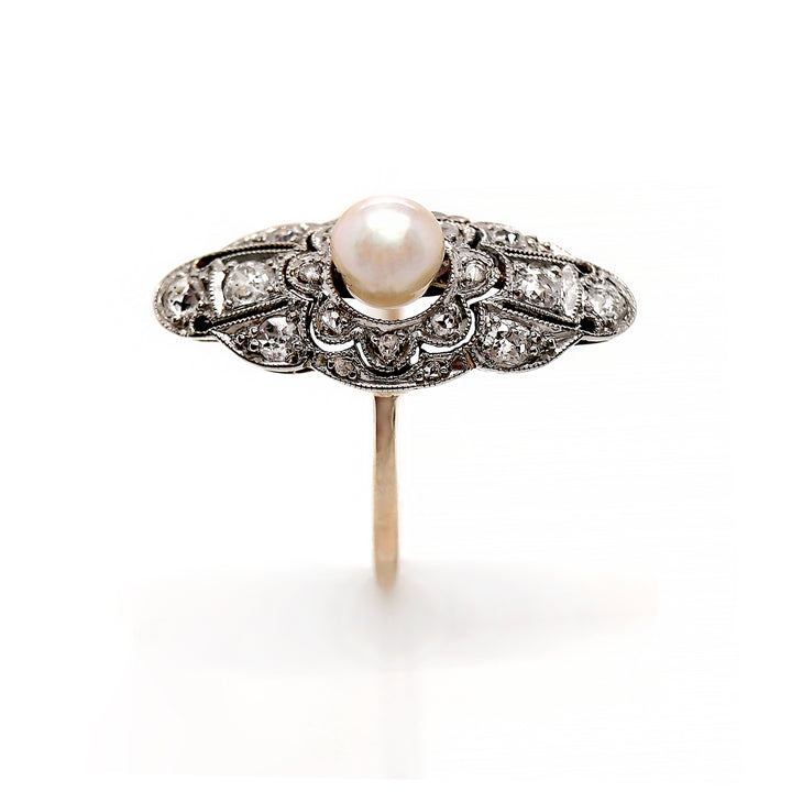 14ct Yellow Gold & Platinum Edwardian Pearl and Diamond Antique Dress Ring