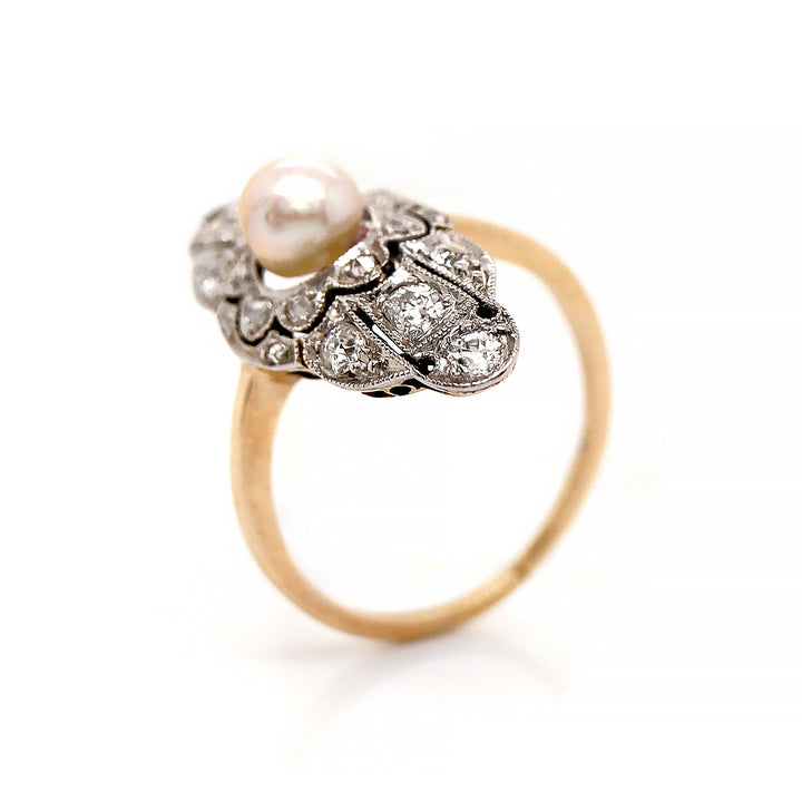 14ct Yellow Gold & Platinum Edwardian Pearl and Diamond Antique Dress Ring