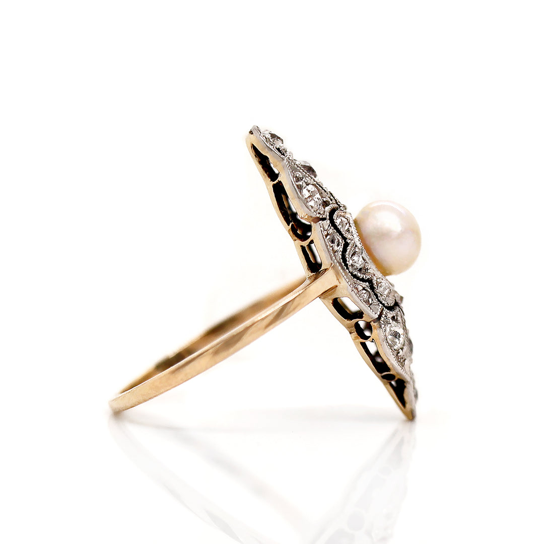 14ct Yellow Gold & Platinum Edwardian Pearl and Diamond Antique Dress Ring