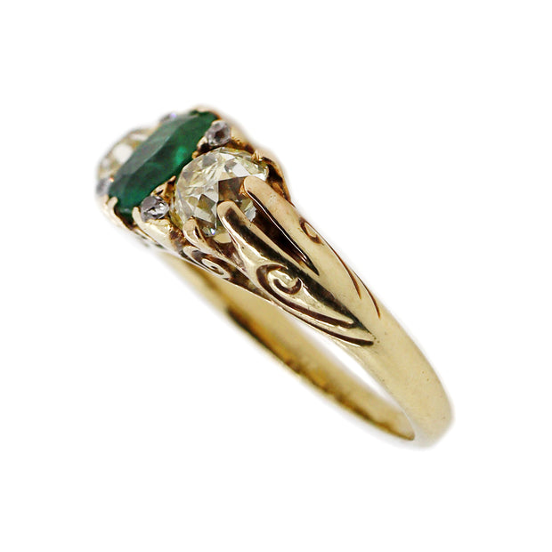 18CT Yellow Gold Antique Emerald & Old European Cut Diamond Ring