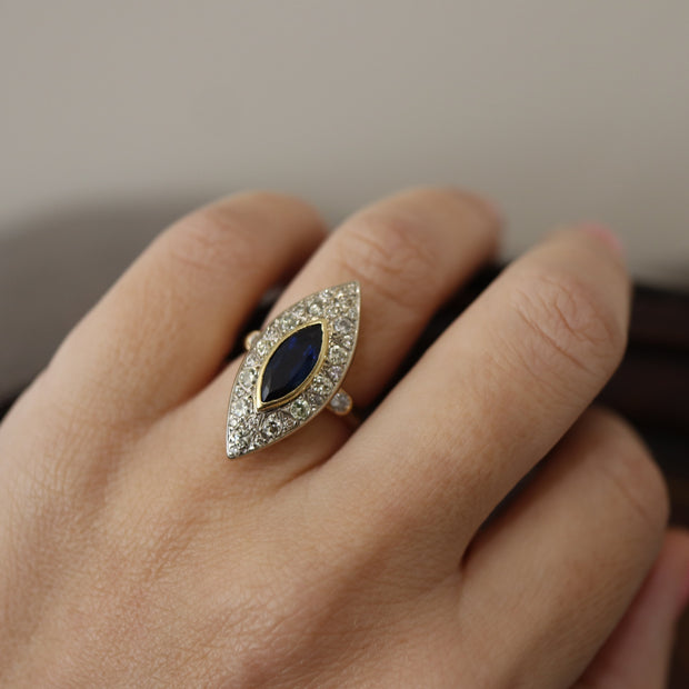 18CT Yellow Gold French Sapphire & Diamond Art Deco Ring