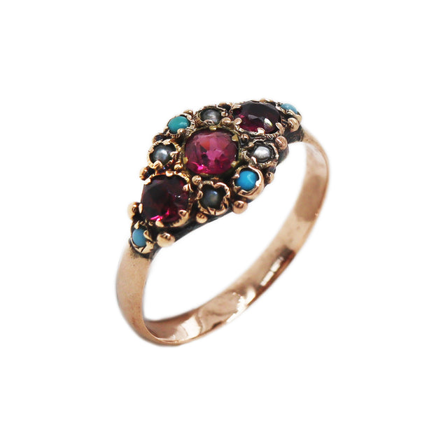 Antique Garnet Turquoise Pearl Ring