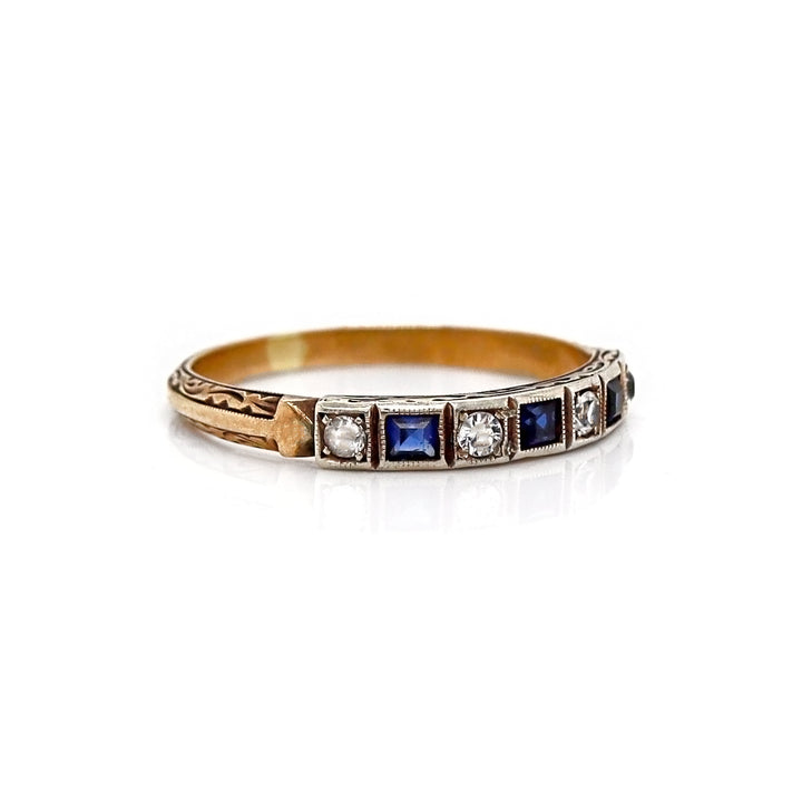 9CT Yellow And White Gold Sapphire With Diamond Vintage Half Eternity Ring